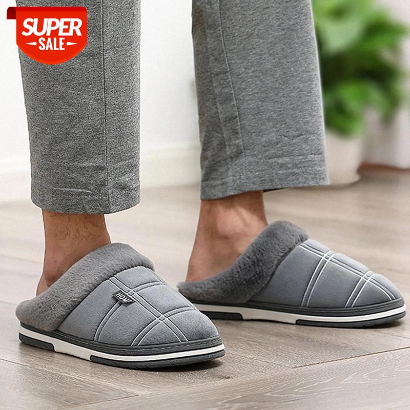 

Winter Men's slippers waterproof couple slippers non-slip home fur Male Platform Shoes Fluffy Big Sizes #WF7U, Gray