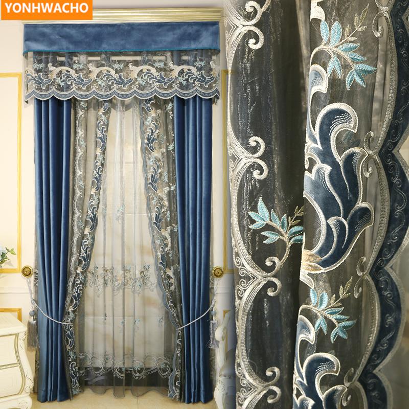 

Custom curtains luxury German cotton velvet Laser hollow embroidery blue thick cloth blackout curtain tulle valance drape B316, Tulle sheer