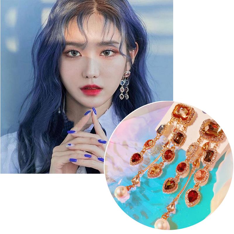 

MENGJIQIAO Fashion Waterdrop Colorful Square Crystal Long Drop Earrings For Women Luxury Party Temperament Pendientes Jewelry