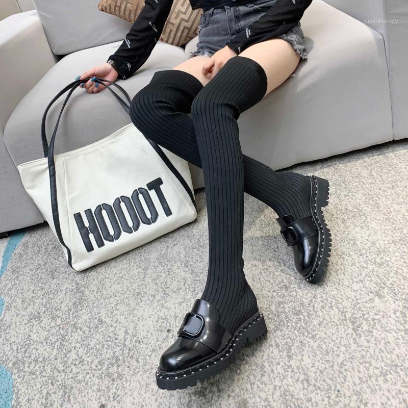 

With Autumn and Winter Women's Shoes Fashion Splicing Knitted Stretch Boots Round Toe Over the knee Boots Genuine Leather1, Black
