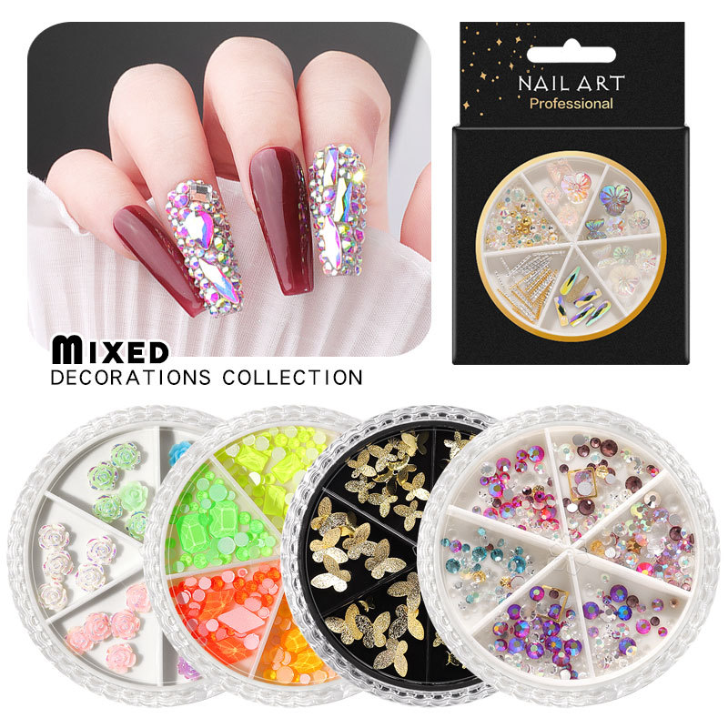 

6 Case/Box Nail Art Decorations AB Rhinestone Diamond Rivet Butterfly Resin Pearl Matel Mixed Package Nail Ornament