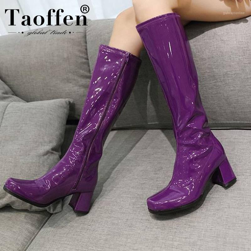 

Taoffen Women Pu Leather 2020 Simple Knee High Boots Zipper Winter Round Toe Chunky Heels Long Boots Club Botas Size 35-391, Black