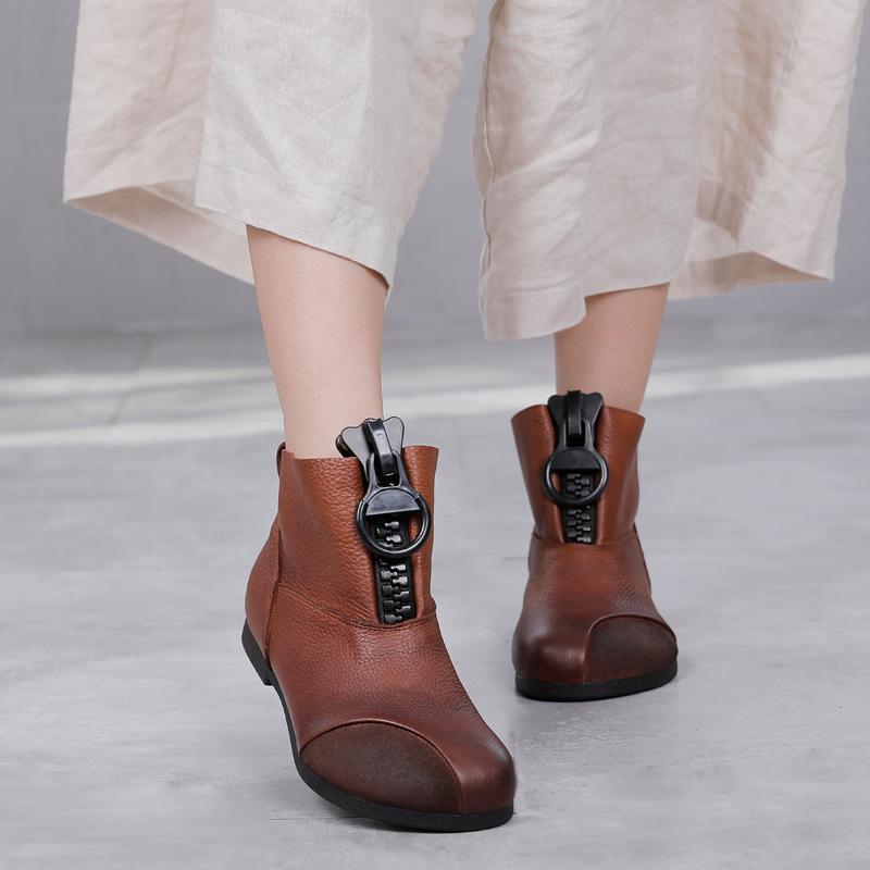 

2020 autumn and Winter New Retro Leather Short Boots Women's Low Tube Top Layer Cowhide Cool Zipper Ankle Boots, Black