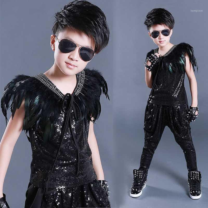 

Stage Wear Boys Hip Hop Costumes Black Feather Shawl Sequined Vest Harem Pants Jazz Clothing Street Dancewear Modern Outfits DN49791, 1 pcs shawl