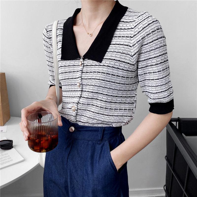 

Shirts 2020 Summer Knitwear New Korean Striped Sweater Female Short-sleeve T-shirt Thin Section Turn Down Collar Short Top K764, White