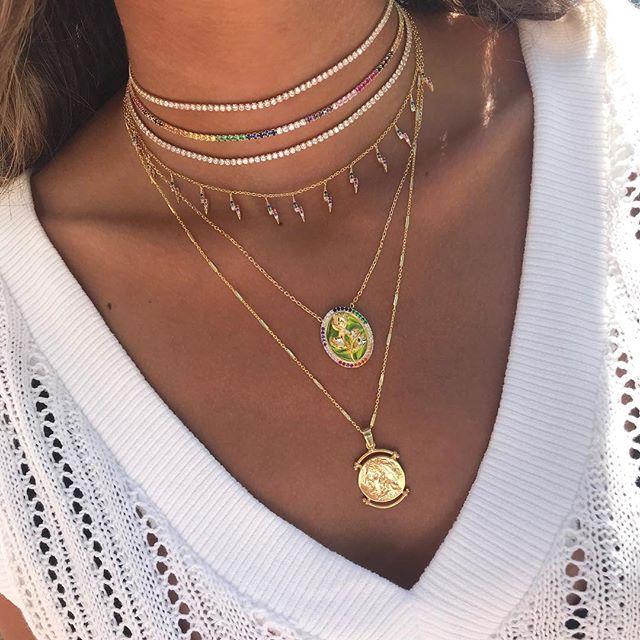 

2021 New arrived gold color necklace with rainbow cz tennis chain colorful cz charm choker with tiny link chain necklace jewelry