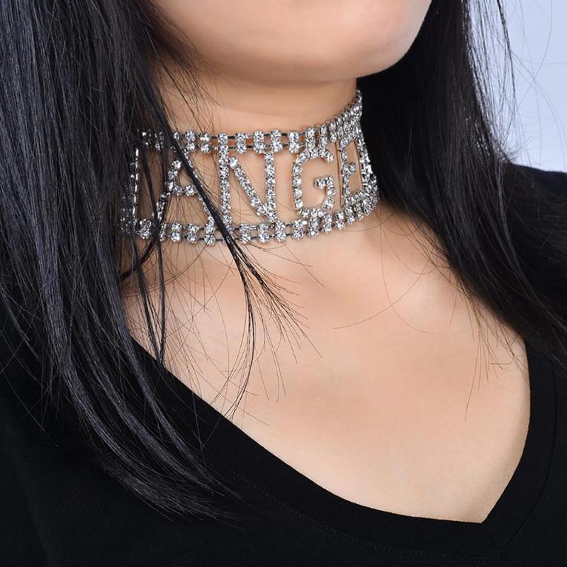 

Chokers SHIXIN Hip Hop Iced Out Rhinestones Choker Necklace For Women Luxury Crystal Letter Necklaces 2021 Fashion Jewelry Collier Femme
