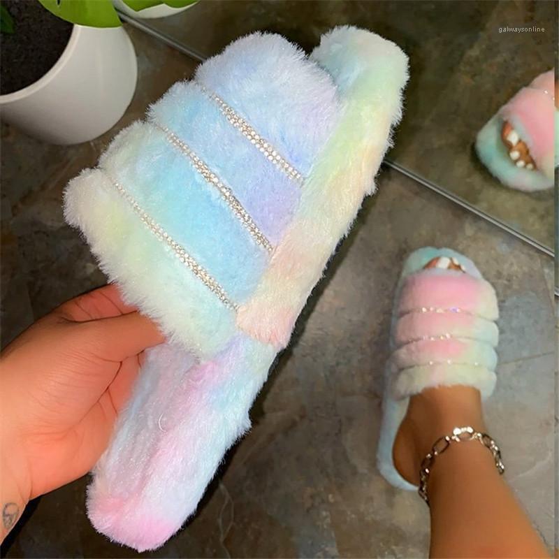 

2020 Bling Women's Plush Slippers Women Indoor Home Furry Slippers Fluffy Outdoor Wild Non-slip Color Casual Crystal Shoes1, Green