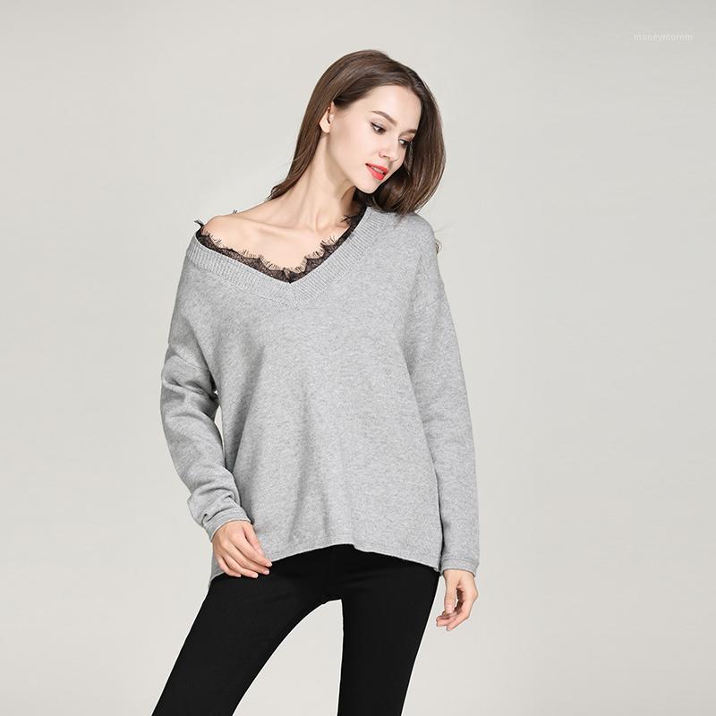 

Women's Contrast Lace Casual Basic Deep V-neck Soft Sweaters Jumper Eyelash Lace Pullover Tops for Girl Students1, Gray
