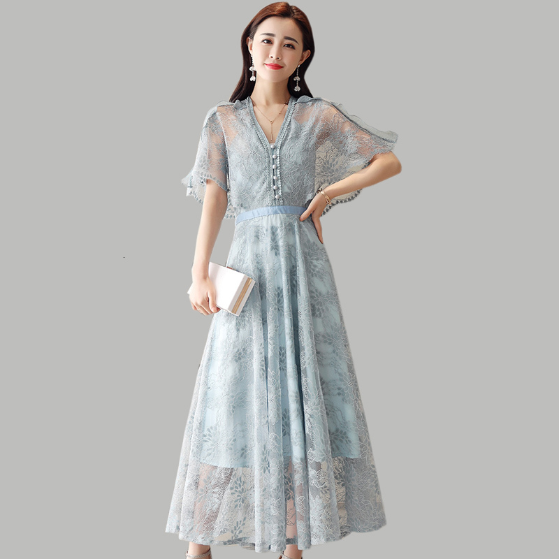 

2021 New Dressed in Women's Lace Summer Vintage Temperament Dress Solid Color V-neck Butterfly Ankle-length Female Sleeve AET7, Blue