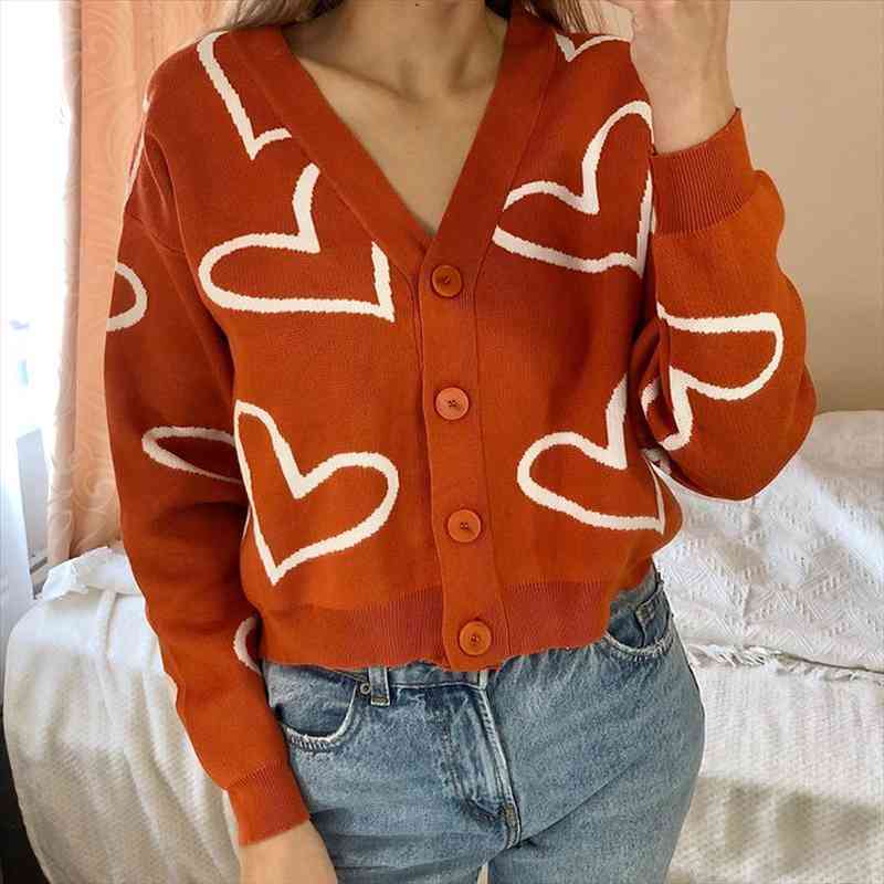 

Zxqj Women Orange Knitted Cardigan Autumn Fashion Ladies Casual Love Pattern Long Sleeve Sweater Female V Neck Sweater, White;black