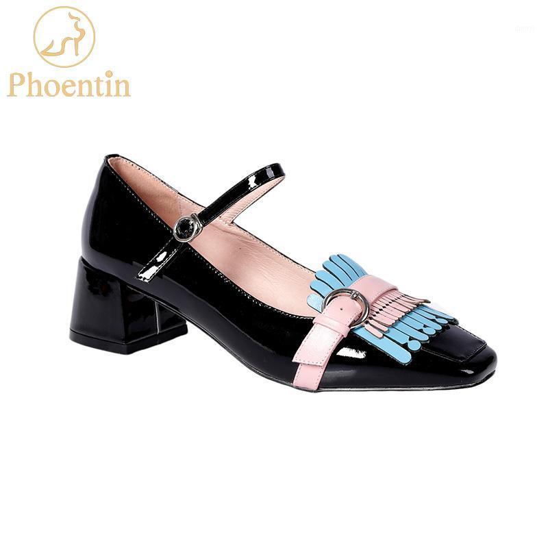 

Phoentin natrue leather mary jane fringe heels 2020 fashion cross buckle mid heeled pump tassel shoes female mixed colors FT8601, Black