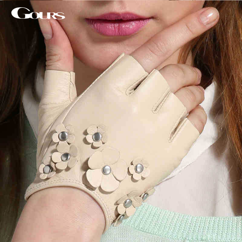 

Gours Genuine Leather Gloves for Women Fall New Fashion Brand Ladies White Fingerless Unlined Glove Goatskin Mittens GSL026 201020