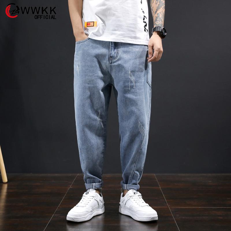 

WWKK 2020 Baggy Jeans Men Blue Scratched Jeans Hip hop Streetwear Harem Ankle length Denim Pants High waist Casual Trousers