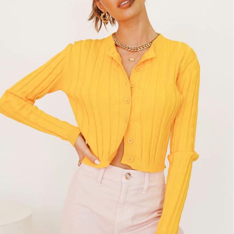 

Spring and autumn women's sweater casual solid color round neck long sleeve cardigan sweater, Yellow