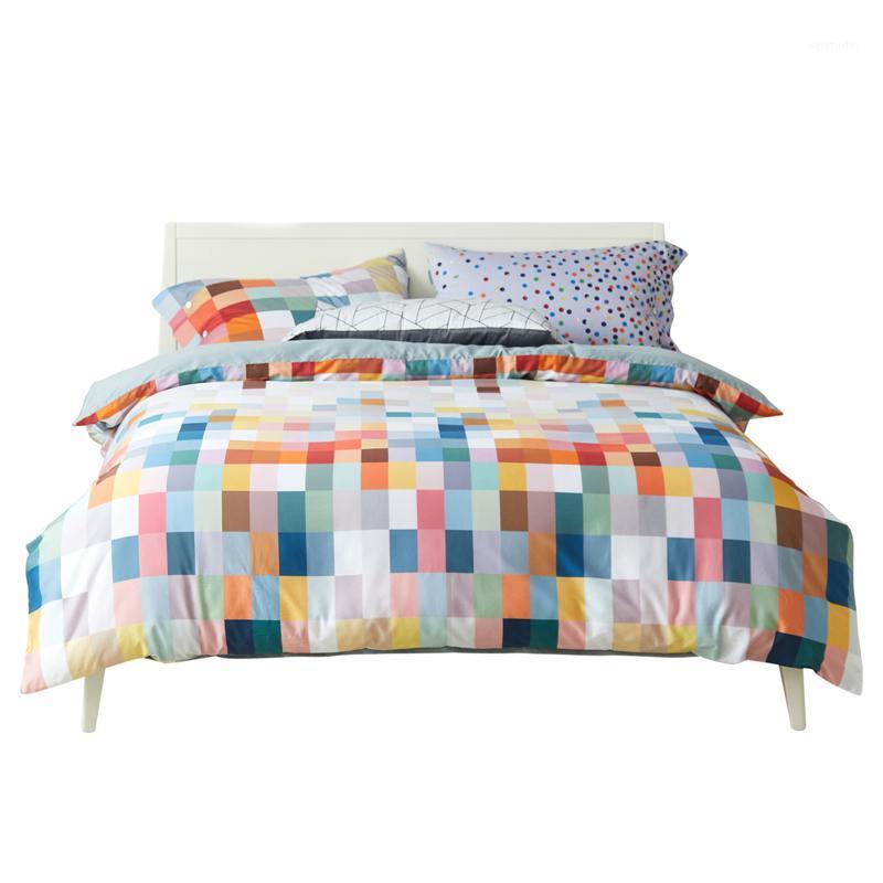 

High Quality Cotton Bedding Set  King Size Duvet Cover Flat or Fitted Sheet Apartment College Dorm Rainbow Plaid Polka Dot1