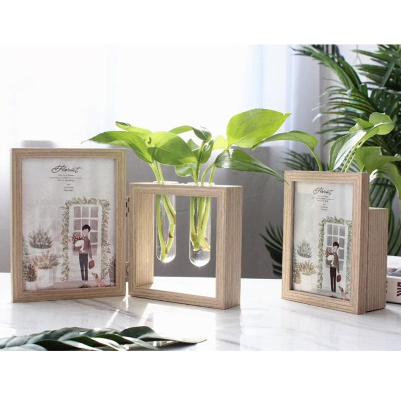 

Wood Picture Frame Photo and Plant 2 Vase Combo Glass Planter Terrarium