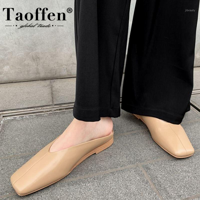 

Taoffen Women Sandals Shoes Square Toe Low Heel Mules Slip On Genuine Leather High Quality Shoes Ladies Footwear Size 34-431, Ivory