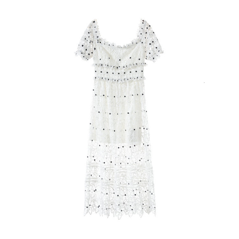 

White Polka Dot Women in Summer's New Turtleneck Puff Sequins Dressed As Lace Hollow Woman Out Elegant Without Back 4k1u