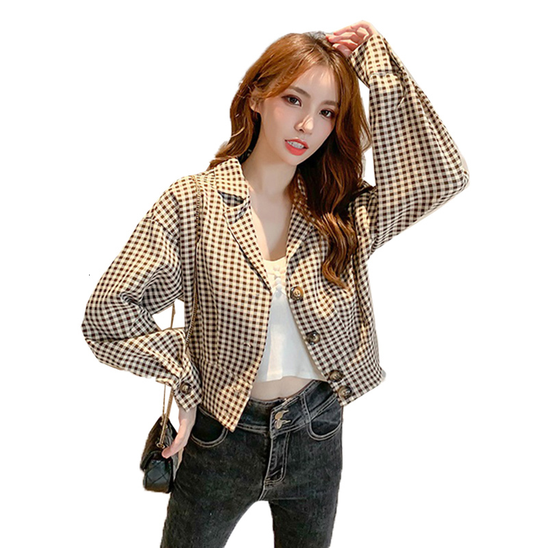 

2021 New Spring Autumn Female Coat Sleeve Plaid Short Jackets Suit Single Collar Outerwear 2P3S, Khaki.