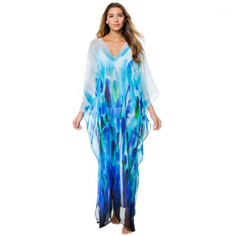 

Gradient Feather Print Beach Dress Women New Chiffon Long Beach Cover Up Maxi Boho Dress V-Neck Robe De Plage Vestidos Playa1