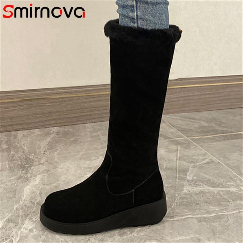 

Smirnova 2021 Newest Suede Leather Knee High Boots Women Flat Casual Shoes Keep Warm Winter Thick Fur Snow Boots Woman1, Black