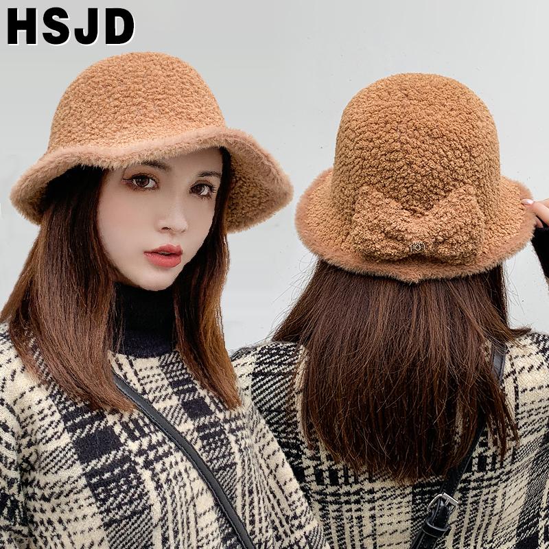 

Faux Fur Bucket Hat Thickened Warm Winter Hats For Women Korean Bow Hats Lady Fashion Solid Color Wide Brim Velvet Fisherman Hat, Black