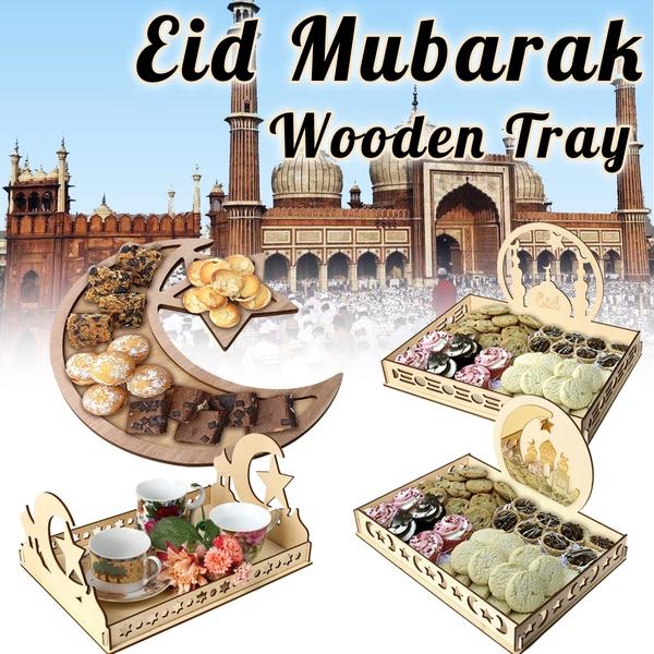 

Wooden Eid Mubarak Dessert Trays Plate Ramadan Decoration Wood Moon EID Islam Muslim Party Home Festival Decor Ornament Tray