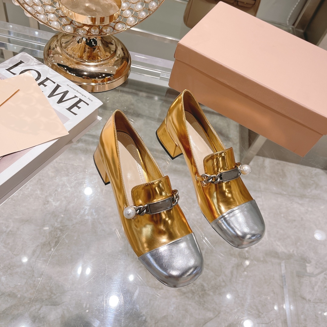 

Mary Jane dress Shoes Women Spring Autumn Patent Leather Chunky Heels Shoess Pearls Metal Decoration Pumps Chaussure Femme high-end quality, As picture