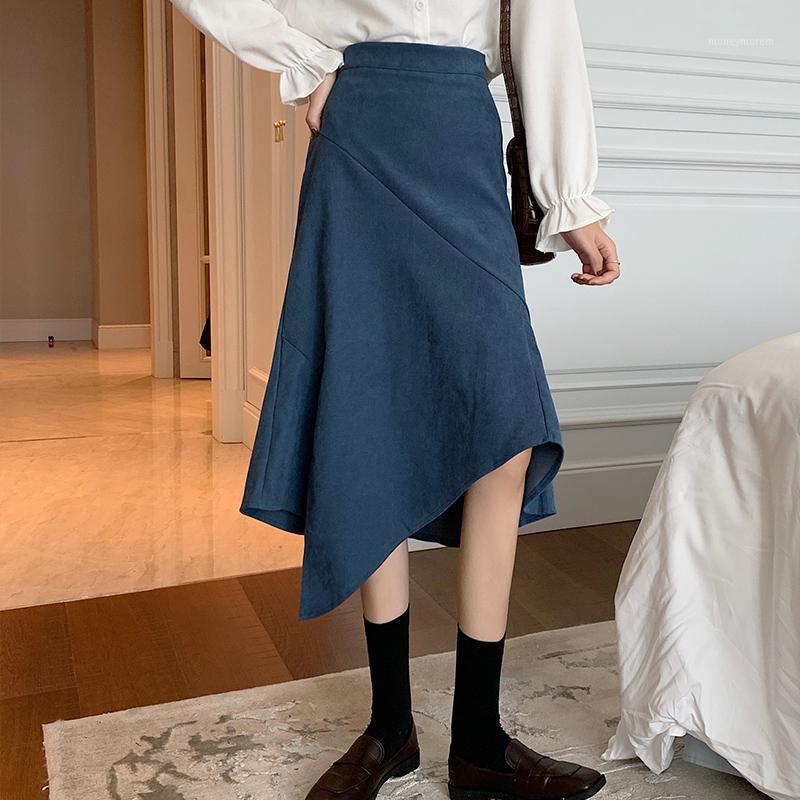 

A-Line Midi Skirt Women Casual Solid Irregular Female Skirts Hight Waist Office Lady Elegant Autumn 2020 Korean Fashion Clothing1, Blue short