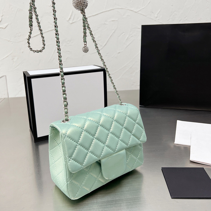 

Designer Classic Mini Flap Silver Strass Caviar Leather Bags Pearl Color Calfskin Adjustable Shoulder Strap Vanity Cosmetic Case Luxury Designer Tote Handbag 17CM, Box