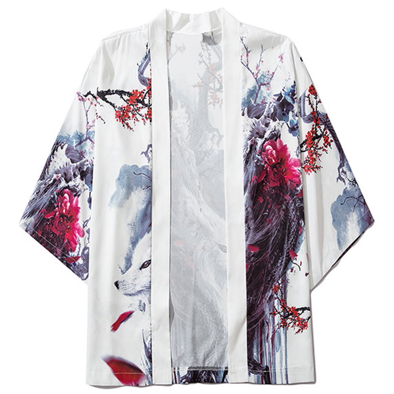 

2021 New Aelfric Eden Japanese Kimono Jacket White Fox Print Loose Shirts Summer Harajuku Hip Hop Front Open Coats Japan Streetwear 13c7, One