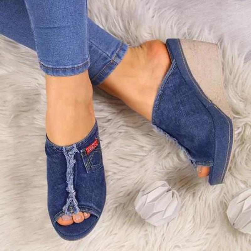

Slipper Shoes Women Summer High Heels Sandals Peep Toe Denim Wedges Fashion Slipper Shoes Woman Sapato Feminino Zapatos Mujer1, Blue