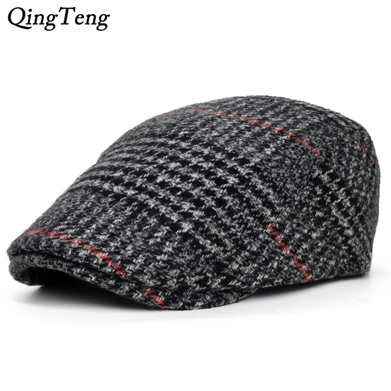 

Autumn Winter Men Cap Hats Berets British Western Style Wool Advanced Flat Ivy Cap Classic Vintage Striped Beret, Black