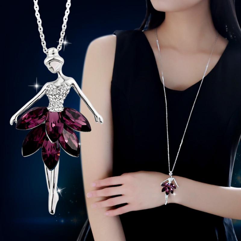 

Fashion Crystal Plated Ballerina Girl Charm 1PC Long Jewelry Gift Alloy Pendant Women Necklace Sweater Chain