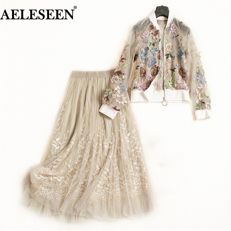 

AELESEEN Top Quality Runway 2 Piece Suit Women Autumn Floral Embroidery Long Lantern Sleeve Perspect Mesh Top +Luxury Skirt Set 201130