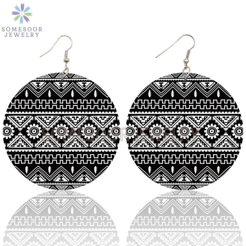 

SOMESOOR Inspired Afro Ethnic Bohemian Wooden Drop Earrings Traditional Folk Arts Pattern Printed Loops Dangle For Women Gifts