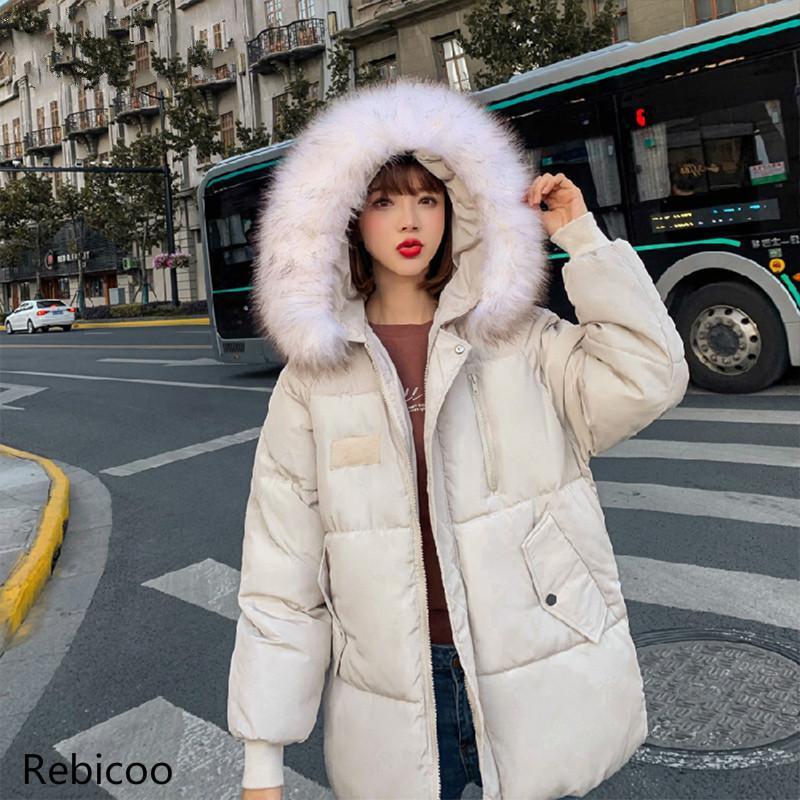 

New Women Short Jacket Mujer Hooded Parkas Winter Coat Women Loose Parka Large Fur Collar Cotton Padded Jackets, Black