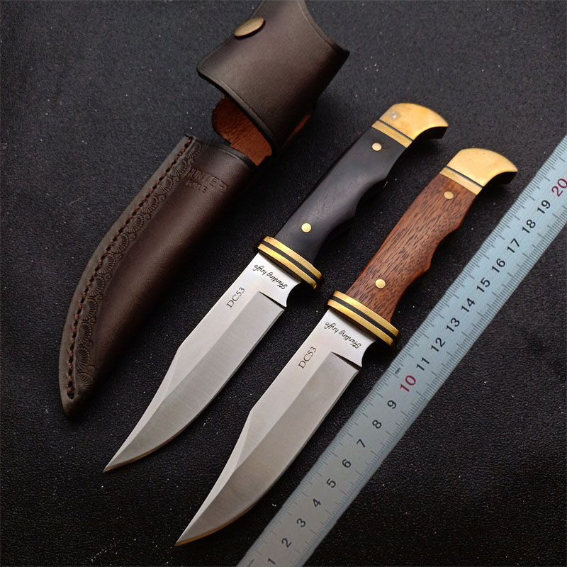 

1Pcs High Quality HUNTER Outdoor Survival Straight Knife DC53 Satin Blade Full Tang Brass + Rosewood Handle Tactical Knives With Leather Sheath