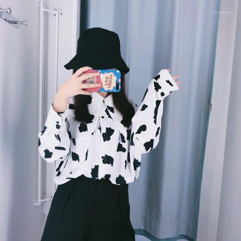 

2019 Spring New Arrival Hong Kong Style Slim Cow Print Personality Collar Women Shirts Front Tie Decorated Blouse Free Shipping1, Multi