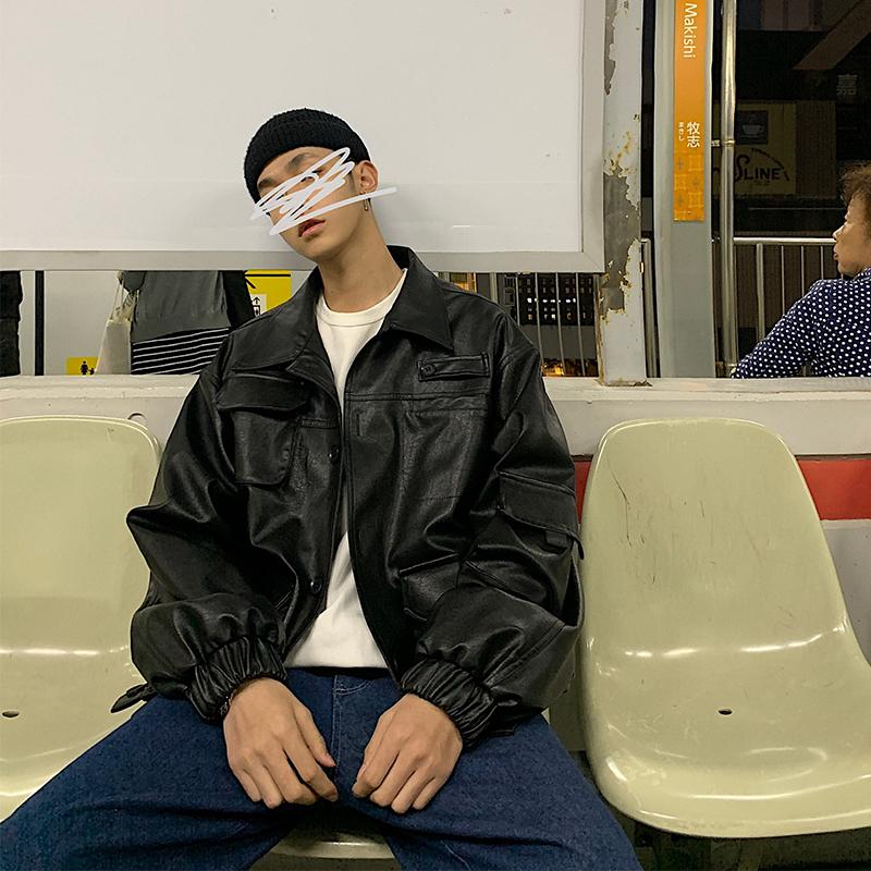 

Men' jacket 2020 spring new retro loose tooling couple leather jacket youth personality fashion trend men' clothing, Black