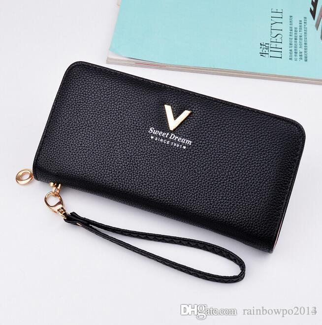 

outlet brand package lovely lady candy color women wallet grace litchi grain leather purse fashion large capacity with long walletes, Black