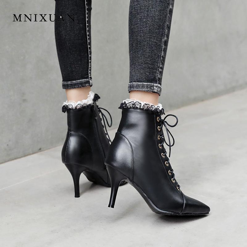 

MNIXUAN elegant women shoes lace ankle boots 2020 fashion sexy pointed toe lace up short boots white big size 34-43, Black