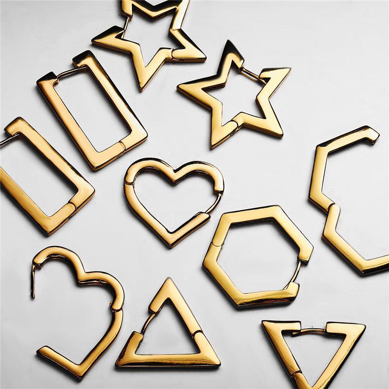 

Punk Gold Color Statement Triangle Star Heart Huggies Earrings Fashion Brass Metal Geometric Earrings for Women1