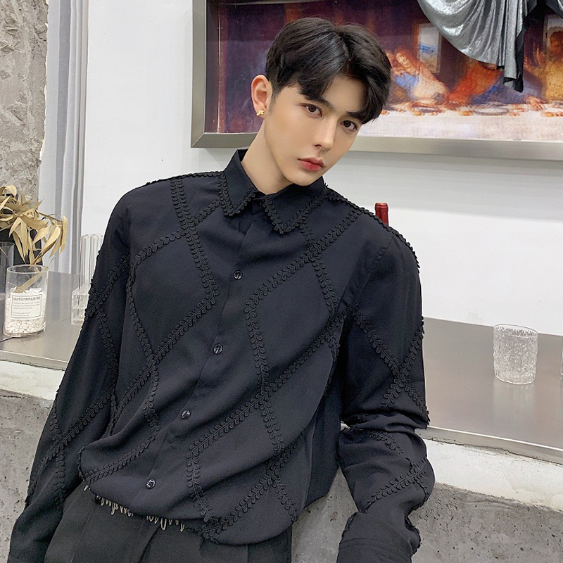 

2021 New Spring Flower Designer of Artisanal Rice Freestyle Diamond Lace Male Temperament God Thin Men Shirts Long Tidal Sleeve. 3IZN, Black