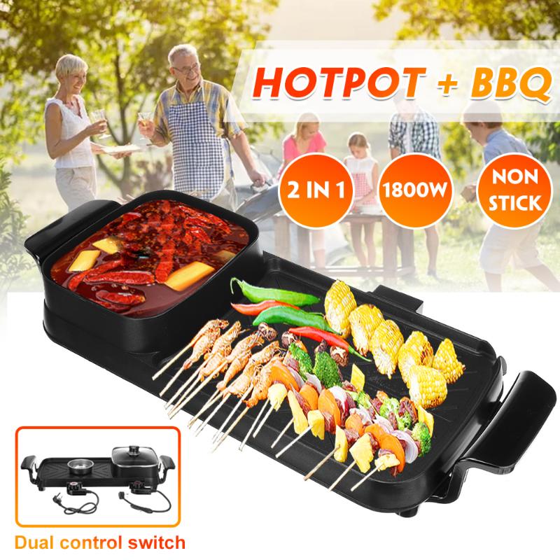 

2 In 1 Multi Cooker Electric Grill Hot Pot Set Non-Stick Stir-Fry Barbecue Oven Pan Frying Baking Pan BBQ Griddle 1800W
