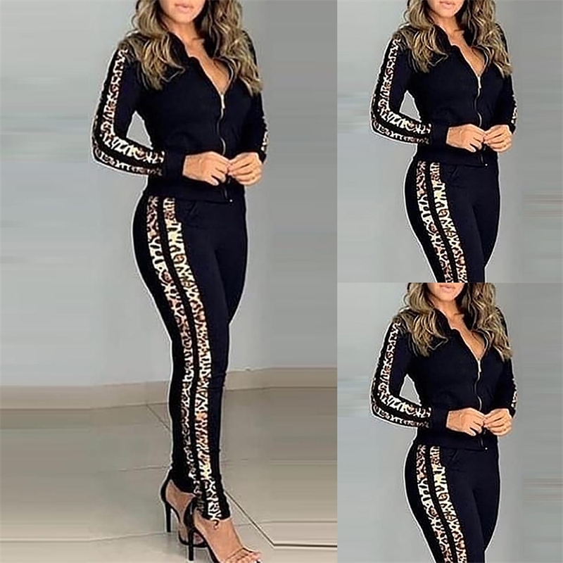 

Women Casual Fashion Streetwear Suits Leapard Stitching Womans Tracksuits Zipper Long Sleeve Stand Collar Top Long Pants Set D30 Y201128, Black