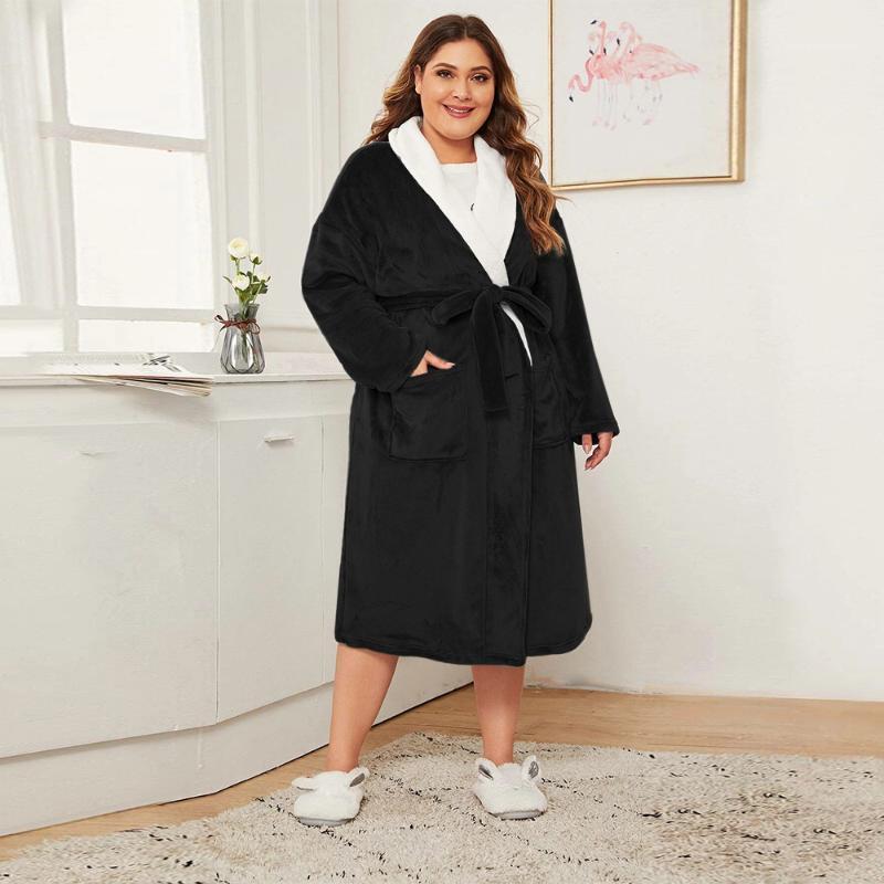 

Thicker Warmer Bathrobe Women Flannel Patchwork Color Contrast Nightgown Soft Winter Pockets Drawstring Girls Long Robe D301, Gray