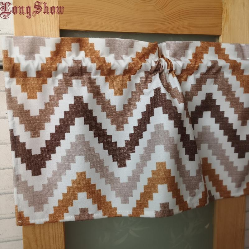

Home Decor Mosaic Geometric Modern Rod Pocket Kitchen Window Valance Brown Color Thick Polyester Door Cabinet Cupboard Curtain, Brown geometric
