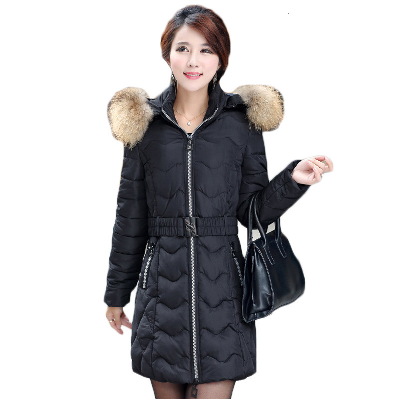 

2021 New Female black winter coat L-4XL plus size skin with hood parkas new autumn fashion thin belt down women's cotton coats sf064